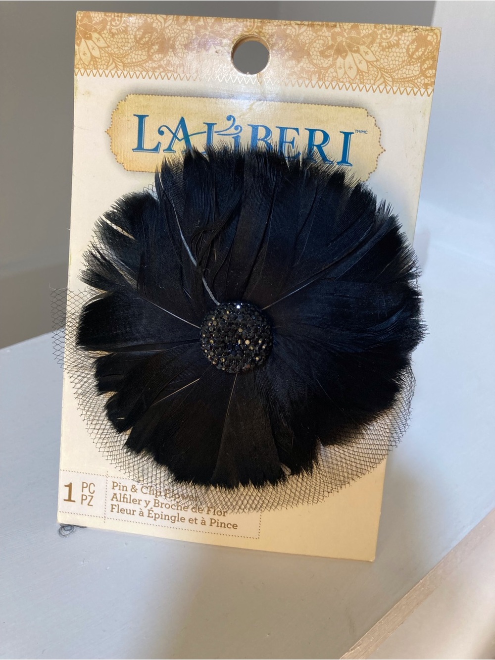 Black Feather Flower Pin with Beaded Center